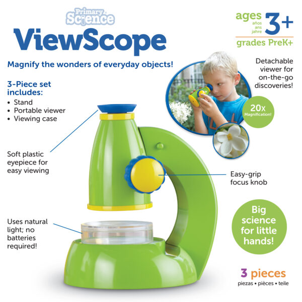 Learning Resources Primary Science ViewScope, Real-Working Microscope for Kids, 20x Magnification, Detachable Viewer, Soft Eyepiece for Comfort, Includes Clear Plastic Case for Specimens, Ages 3+