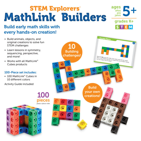 Learning Resources MathLink Cubes Educational Counting Toy, STEM Building Set with 100 Cubes and 10 Challenges, Teaches Early Math and Problem-Solving Skills, Ages 5+