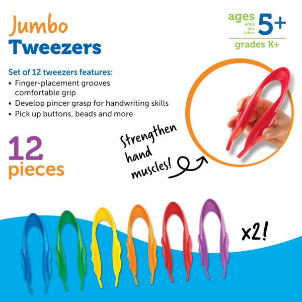 Learning Resources Primary Science Jumbo Tweezers (Set of 12), Develops Fine Motor Skills, Brightly Colored, Ergonomic Grip, Ideal for Young Learners, Ages 5+