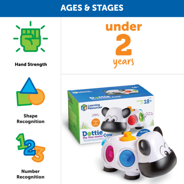 Learning Resources Dottie the Fine Motor Cow, Toddler Fine Motor Skills Toy with Sensory Pop-In Dots, Color Recognition and Fidget Play for Ages 18 Months+