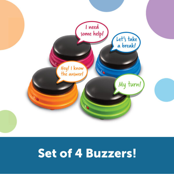 Learning Resources Recordable Answer Buzzers (Set of 4), Personalizable Light-Up Buzzers for Classroom, Family Games, Trivia Nights, and More (Ages 3+)