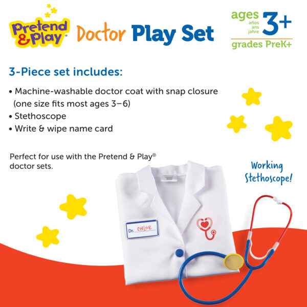 Learning Resources Doctor Play Set, Kids’ Doctor Costume with Coat, Stethoscope & Name Badge, Pretend Play Dress-Up for Ages 3–6