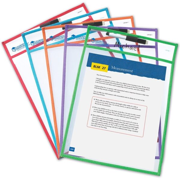Learning Resources Write & Wipe Pockets (Set of 5), Reusable Clear Dry-Erase Pockets, Includes 5 Dry-Erase Markers with Erasers, Environmentally Friendly, Holds Up to A4 Paper, Multi-Color Set, Ideal for Ages 3+