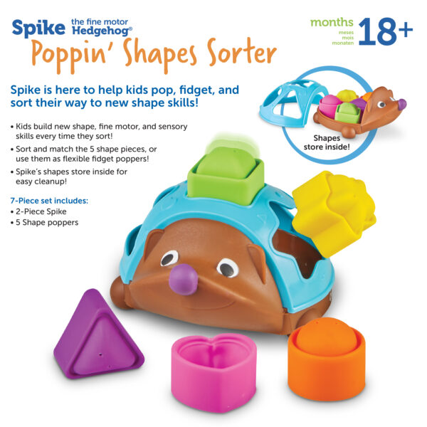 Learning Resources Spike The Fine Motor Hedgehog Poppin’ Shapes Sorter, 7-Piece Shape Sorting & Fidget Toy for Toddlers, Develops Fine Motor, Colour & Sensory Skills, Ages 18 Months+