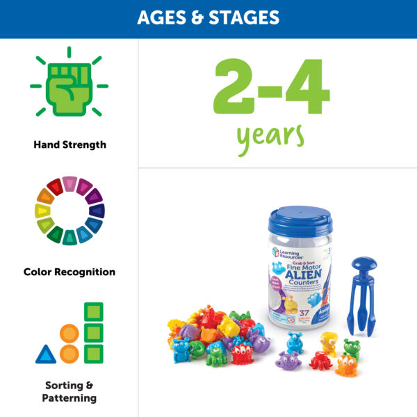 Learning Resources Grab & Sort Fine Motor Alien Counters, 37-Piece Early Math and Fine Motor Skills Toy, Includes Tri-Grip Tongs for Counting, Sorting, and Matching, For Preschoolers Ages 3+