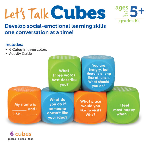 Learning Resources Let’s Talk SEL Cubes, Set of 6 Social Emotional Learning Conversation Cubes, Includes 36 Prompts for Ice Breakers, Social Skills, and Emotional Awareness, For Ages 5+