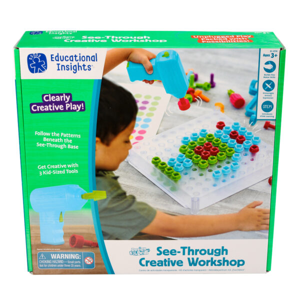 Learning Resources Design & Drill See-Through Creative Workshop, STEM Construction Toy for Kids, Includes Activity Cards, Drill, and Colorful Bolts, Ages 3+