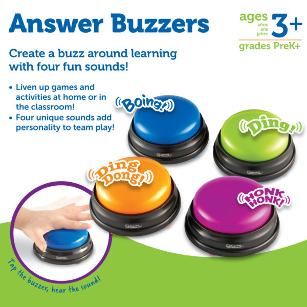 Learning Resources Answer Buzzers (Set of 4), Fun Game Show Style Response Buzzers with 4 Distinct Sounds for Classroom or Home Learning (Ages 3+)