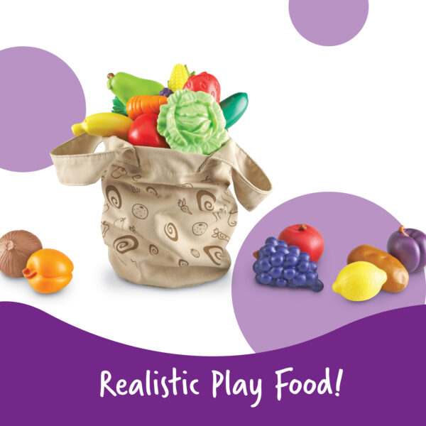 Learning Resources New Sprouts Fruit and Veg Tote, 20 Piece Pretend Food Set for Toddlers, Soft Touch Play Food for Role Play and Healthy Eating, Ages 2+