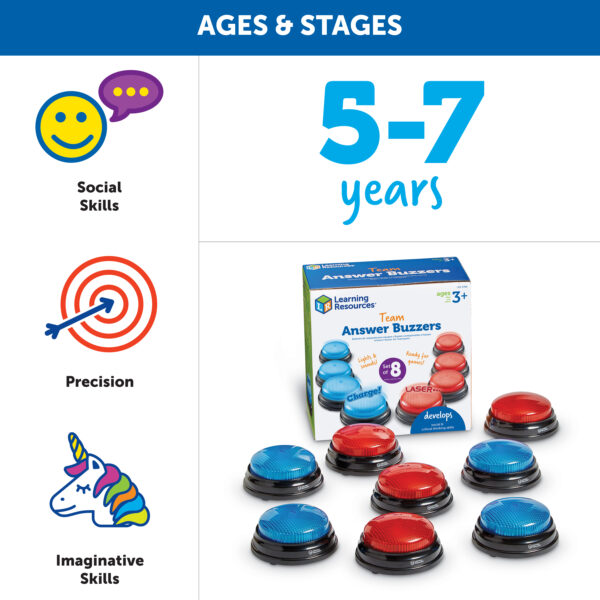 Learning Resources Team Answer Buzzers, Set of 8 Red and Blue Light-Up Buzzers with Unique Sounds, Game Show Buzzers for Team Play, Ages 3+