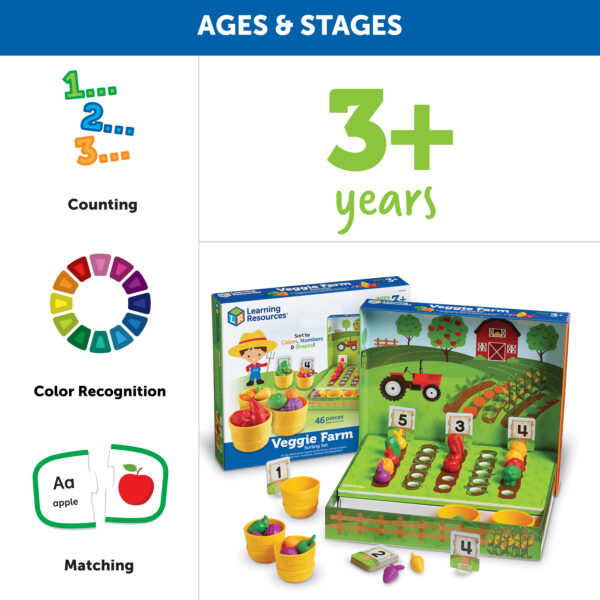 Learning Resources Veggie Farm Sorting Set, Hands-On Early Maths Activity for Counting, Sorting, and Colour Recognition, Ages 3+