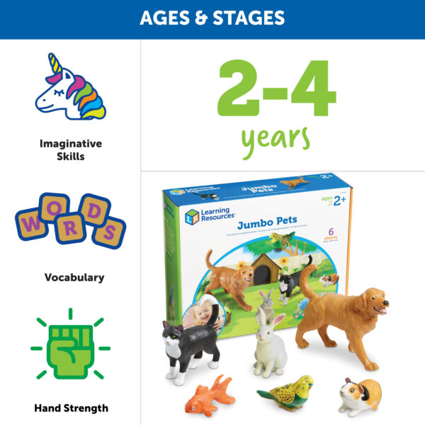 Learning Resources Jumbo Pets Toy Set, 6-Piece Realistic Pet Animal Figures for Kids Imaginative Play and Early Learning