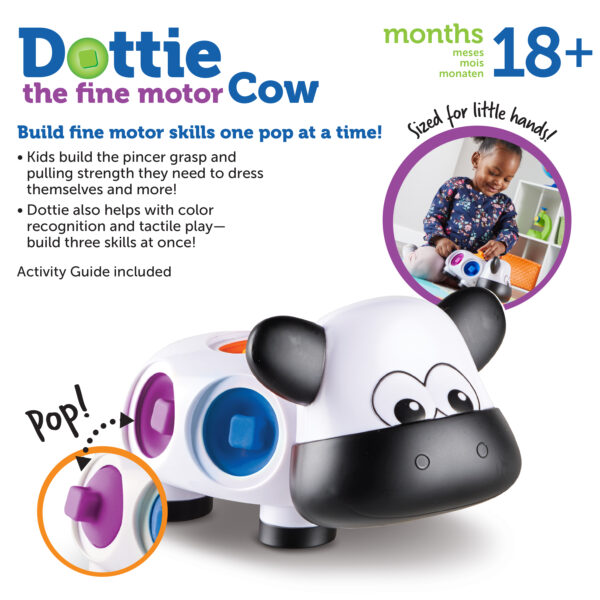 Learning Resources Dottie the Fine Motor Cow, Toddler Fine Motor Skills Toy with Sensory Pop-In Dots, Color Recognition and Fidget Play for Ages 18 Months+