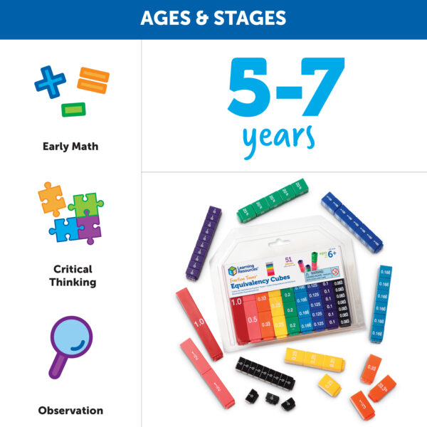 Learning Resources Fraction Tower Equivalency Cubes, Colour-Coded Maths Manipulative Set, 51 Interlocking Pieces for Visualising Fractions and Equivalencies