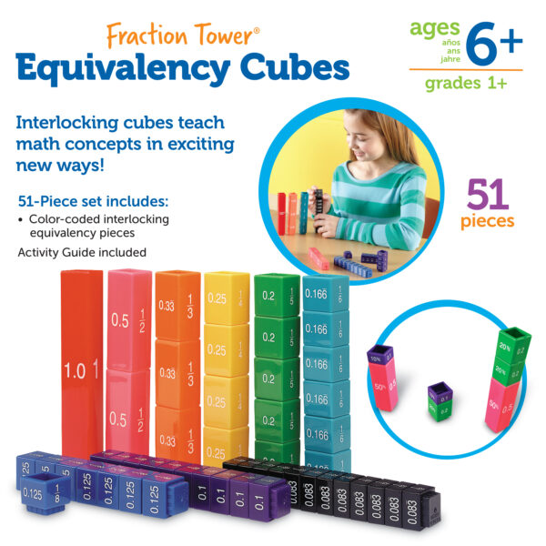 Learning Resources Fraction Tower Equivalency Cubes, Colour-Coded Maths Manipulative Set, 51 Interlocking Pieces for Visualising Fractions and Equivalencies