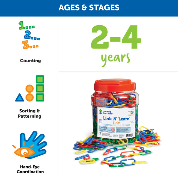 Learning Resources Link ‘N’ Learn Links, Set of 500 Colourful Plastic Links for Early Maths & Fine Motor Skills, Sorting, Counting & Patterning, Includes Activity Guide, Ages 3+