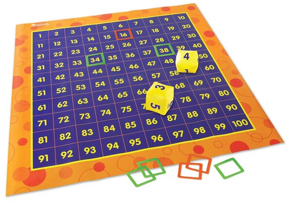 Learning Resources Hip Hoppin' Hundred Mat Activity Set, Giant Floor Mat for Counting and Number Patterns, Includes 2 Inflatable Cubes and 54 Number Frames, Maths Game for Ages 5+