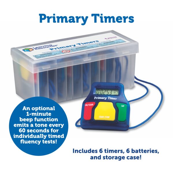 Learning Resources Primary Timers (Set of 6), Easy-to-Use Stopwatch with Lap Function, Includes Safety Release Lanyard and Storage Case, 1.5V Button-Cell Battery Included, For Ages 3+