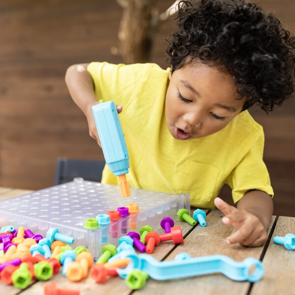 Learning Resources Design & Drill See-Through Creative Workshop, STEM Construction Toy for Kids, Includes Activity Cards, Drill, and Colorful Bolts, Ages 3+