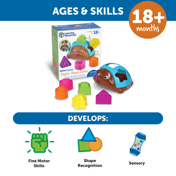 Learning Resources Spike The Fine Motor Hedgehog Poppin’ Shapes Sorter, 7-Piece Shape Sorting & Fidget Toy for Toddlers, Develops Fine Motor, Colour & Sensory Skills, Ages 18 Months+