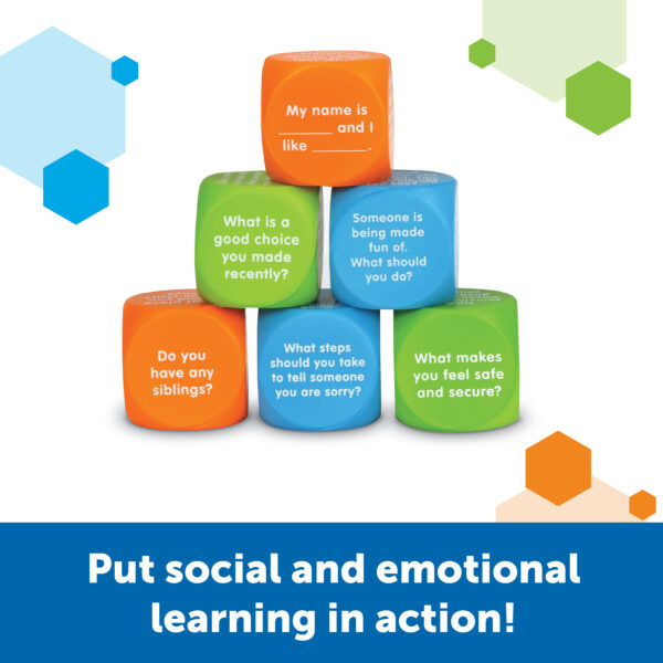 Learning Resources Let’s Talk SEL Cubes, Set of 6 Social Emotional Learning Conversation Cubes, Includes 36 Prompts for Ice Breakers, Social Skills, and Emotional Awareness, For Ages 5+
