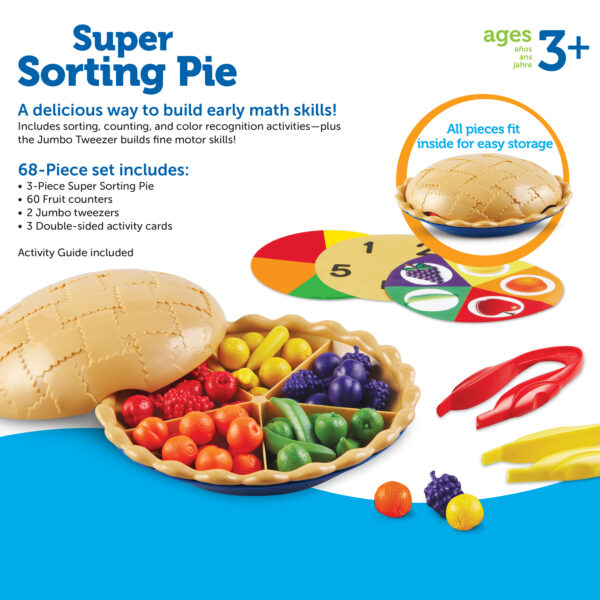 Learning Resources Super Sorting Pie, Early Numeracy & Colour Recognition, Counting & Sorting Activity Set with 60 Fruit Counters, Jumbo Tweezers, Sorting Cards & Activity Guide, Ages 3+