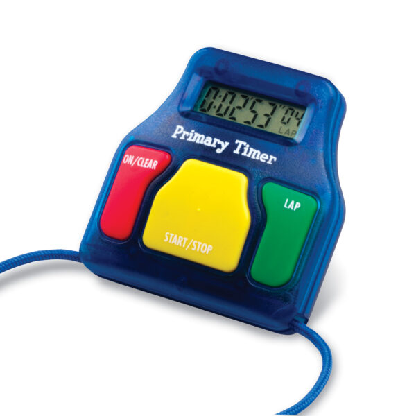 Learning Resources Primary Timers (Set of 6), Easy-to-Use Stopwatch with Lap Function, Includes Safety Release Lanyard and Storage Case, 1.5V Button-Cell Battery Included, For Ages 3+