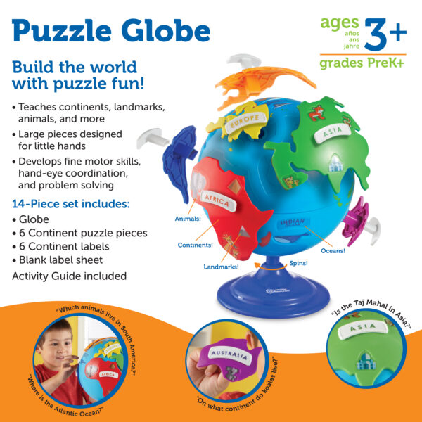 Learning Resources Puzzle Globe for Kids, Interactive Geography Toy with Removable Continents, Landmark Details and Rotating Base, Early Learning Globe for Ages 3+