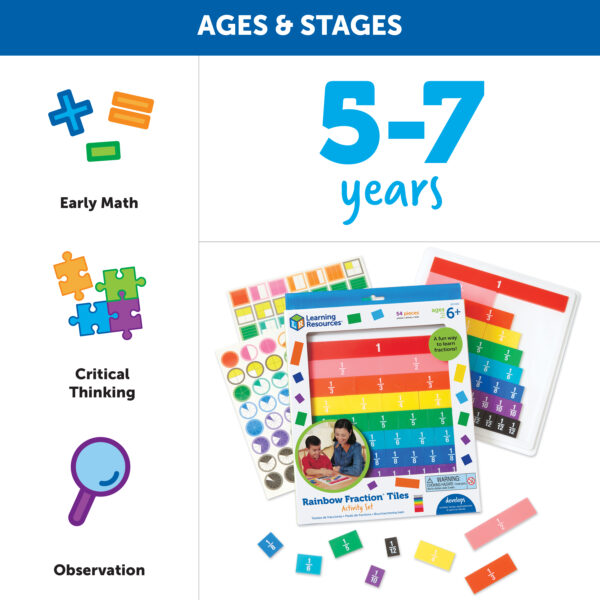 Learning Resources Rainbow Fraction Tiles with Tray, 51-Piece Colour-Coded Set, Visual and Hands-On Learning Tool for Fractions, Includes Activity Guide and Storage Tray