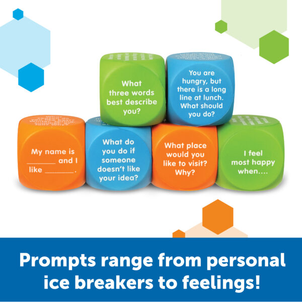 Learning Resources Let’s Talk SEL Cubes, Set of 6 Social Emotional Learning Conversation Cubes, Includes 36 Prompts for Ice Breakers, Social Skills, and Emotional Awareness, For Ages 5+