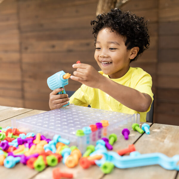 Learning Resources Design & Drill See-Through Creative Workshop, STEM Construction Toy for Kids, Includes Activity Cards, Drill, and Colorful Bolts, Ages 3+