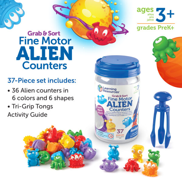 Learning Resources Grab & Sort Fine Motor Alien Counters, 37-Piece Early Math and Fine Motor Skills Toy, Includes Tri-Grip Tongs for Counting, Sorting, and Matching, For Preschoolers Ages 3+