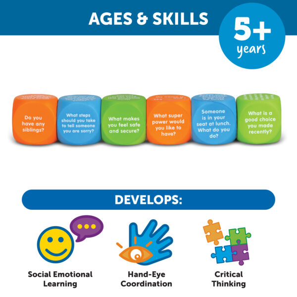 Learning Resources Let’s Talk SEL Cubes, Set of 6 Social Emotional Learning Conversation Cubes, Includes 36 Prompts for Ice Breakers, Social Skills, and Emotional Awareness, For Ages 5+
