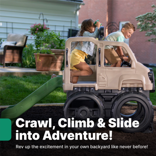 Step2 Safari Truck Climber, Easy to Assemble Backyard Climbing Toy with Slide, 82kg Weight Capacity, Outdoor Playground Gym Toy with Steering Wheel, Climbing Wall and Binoculars, for Children Aged 2+