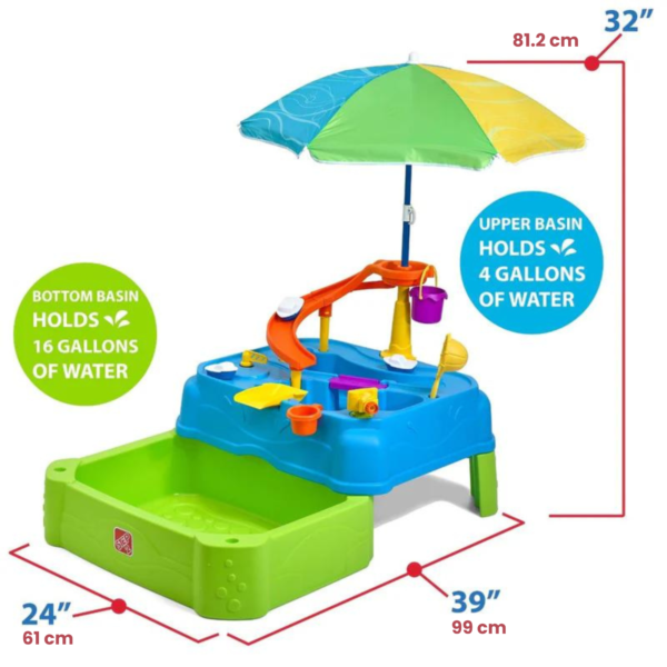 Step2 Waterpark Wonders Two-Tier Water Table, Outdoor 2 Level Water Table and Activity Centre with Umbrella, Strainer, Bucket, Cup and Boats, Suitable for Kids both Boys and Girls Aged 18m and Above