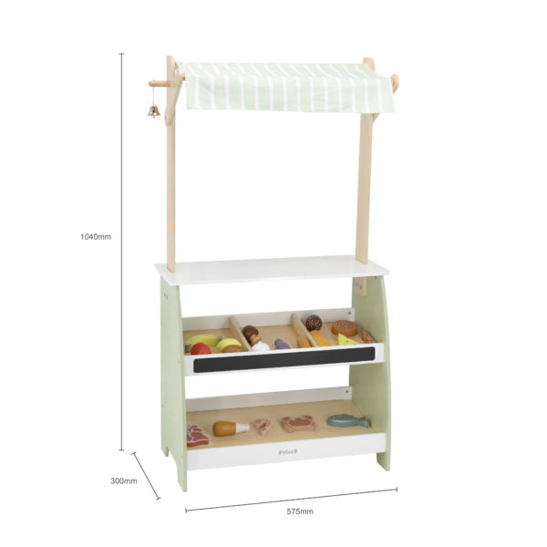 PolarB Wooden Market Stall for Kids, Includes 18 Play Food Accessories and Cash Register, Pretend Grocery Store with Bell, Blackboard and Display Shelves, Educational Toy for Ages 3 to 8