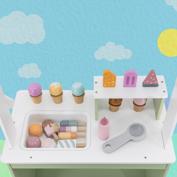 PolarB Wooden Ice Cream Cart, Large Pretend Play Trolley with Magnetic Scoop, Cones, Popsicles and Blackboard, Role Play Toy for Kids Ages 3+