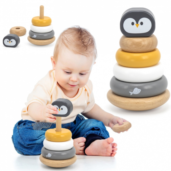 PolarB Penguin Stacker Wooden Sorting and Stacking Toy with Rocking Base and 4 Rings for Toddlers, Age 12 Months and Up