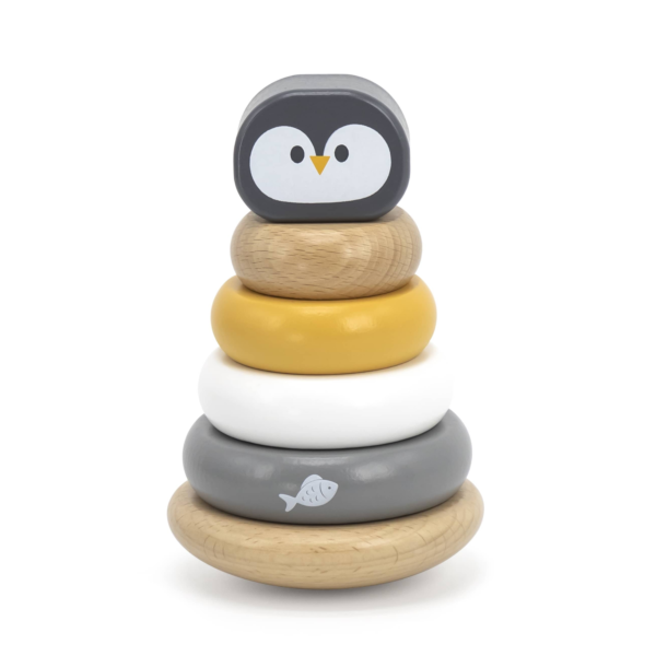 PolarB Penguin Stacker Wooden Sorting and Stacking Toy with Rocking Base and 4 Rings for Toddlers, Age 12 Months and Up