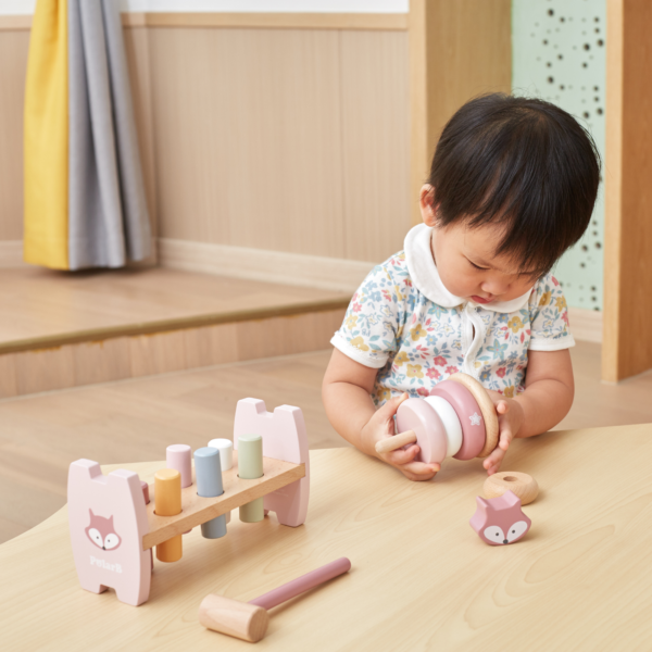 PolarB Fox Stacker and Pounding Bench Toy for Toddlers, 2-in-1 Wooden Fine Motor Skills Activity Toy for Babies, Color Recognition and Coordination Development, Ages 12 Months+