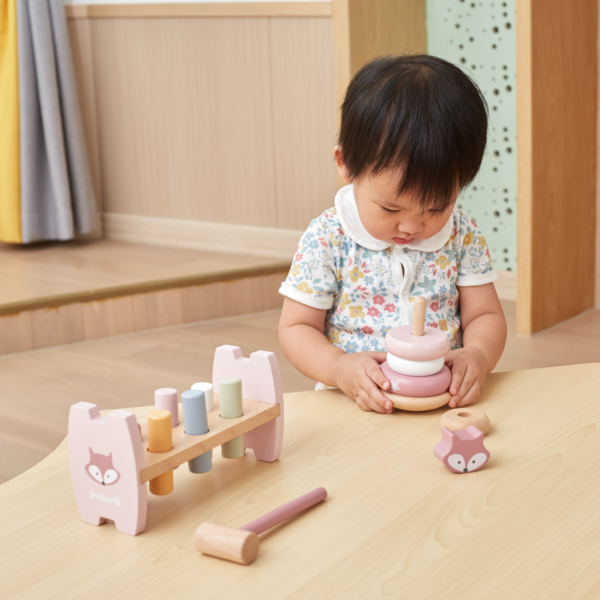 PolarB Fox Stacker and Pounding Bench Toy for Toddlers, 2-in-1 Wooden Fine Motor Skills Activity Toy for Babies, Color Recognition and Coordination Development, Ages 12 Months+