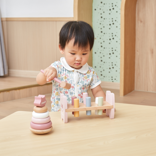 PolarB Fox Stacker and Pounding Bench Toy for Toddlers, 2-in-1 Wooden Fine Motor Skills Activity Toy for Babies, Color Recognition and Coordination Development, Ages 12 Months+