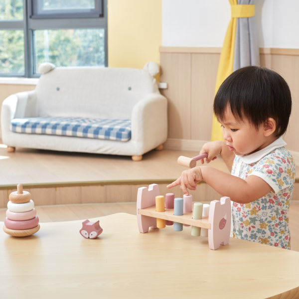 PolarB Fox Stacker and Pounding Bench Toy for Toddlers, 2-in-1 Wooden Fine Motor Skills Activity Toy for Babies, Color Recognition and Coordination Development, Ages 12 Months+