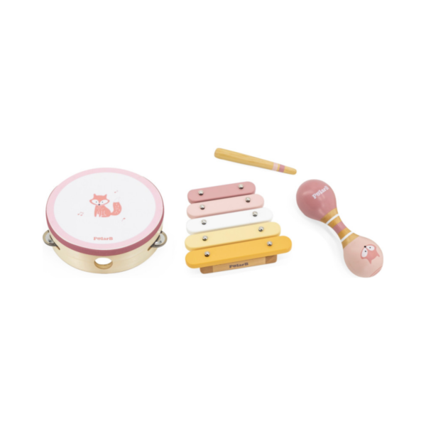 PolarB Fox Wooden Music Set for Toddlers, Includes Tambourine, Maracas and Xylophone, Musical Instrument Toy Kit for Early Learning and Creative Play, 18 Months and Up