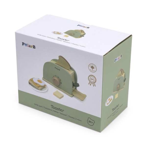 PolarB Wooden Toaster Set for Kids, Pretend Play Kitchen Toy with Bread, Egg, Cheese, Butter and Plate, Role Play Appliance for Children Ages 3 and Up