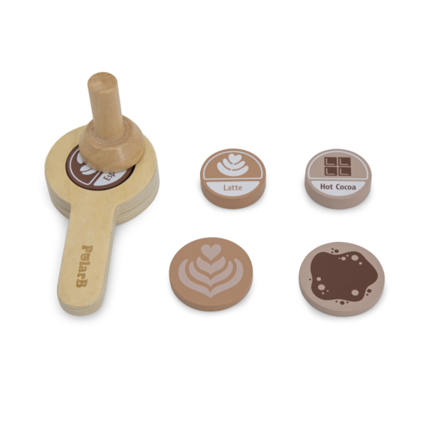 PolarB Wooden Coffee Machine Toy for Kids, Pretend Play Cafe Set with Cup, Saucer, Coffee Pods and Accessories, Role Play Barista Toy for Ages 3 and Up