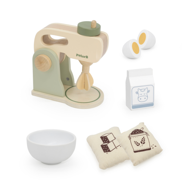 PolarB Wooden Kitchen Mixer Set for Kids, Pretend Play Baking Toy with Bowl, Egg, Milk, Flour and Sugar, Role Play Kitchen Appliance for Children Ages 3 and Up