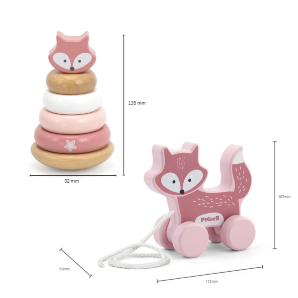 PolarB Wooden Fox Pull-Along and Stacker Toy Set, Educational Toddler Toys for Walking, Fine Motor Skills, and Color Recognition, Ages 18 Months+