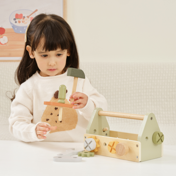 PolarB Wooden Tool Box Set by, DIY Role Play Kit with Hammer, Wrench, Screwdriver, Bolts, Nuts and Gears, Educational Toy for Toddlers, Ages 3 and Up