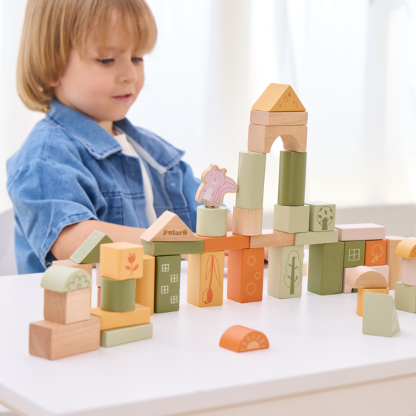 PolarB Wooden Blocks Set 50 Pieces, Green Forest Theme, Eco-Friendly Building and Stacking Toy for Toddlers, Includes Forest Animals and Shapes, Educational Toy for Kids 12 Months and Up